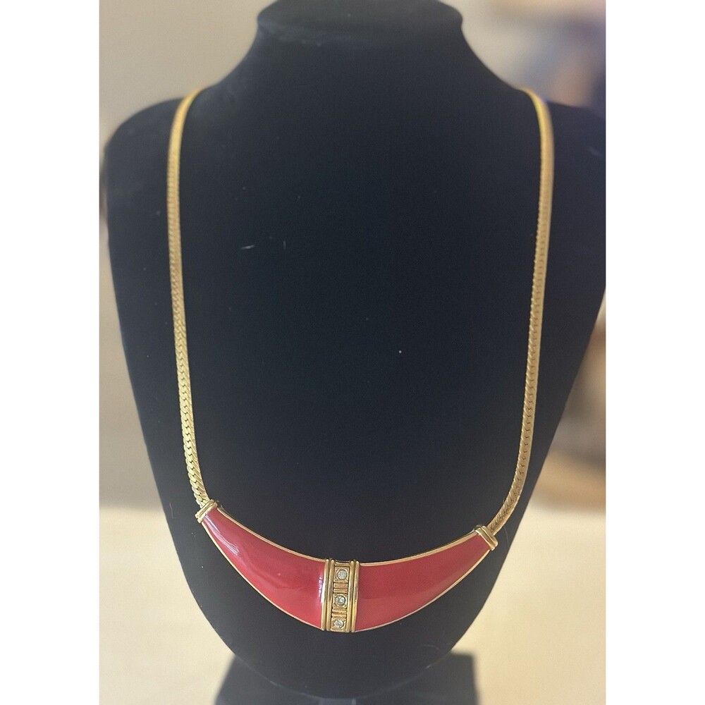 Vintage Red Enamel Statement Necklace Gold Tone Herringbone Chain